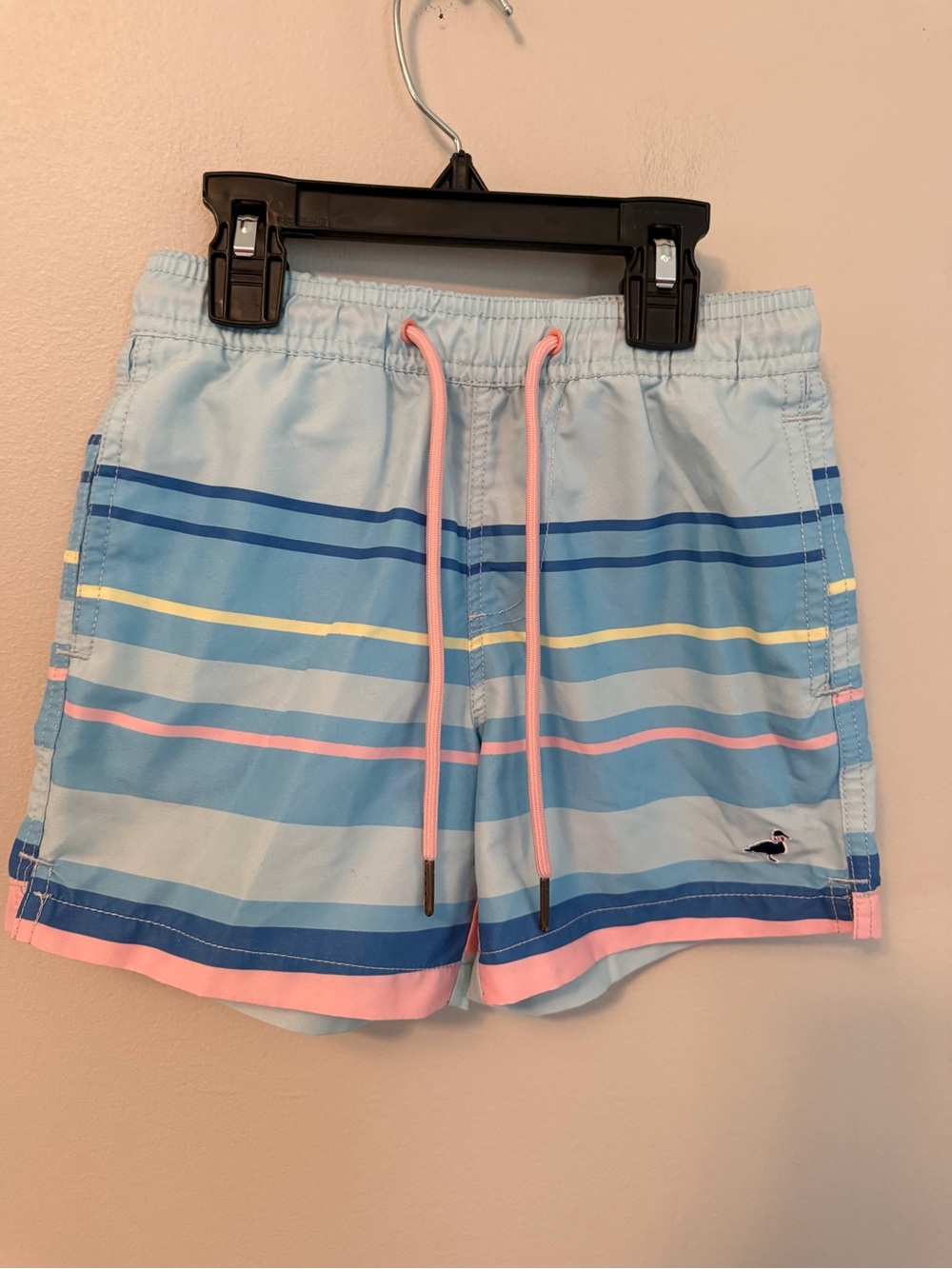 Properly Tied Pastel Blue Striped Swim Trunks with Pink Drawstring